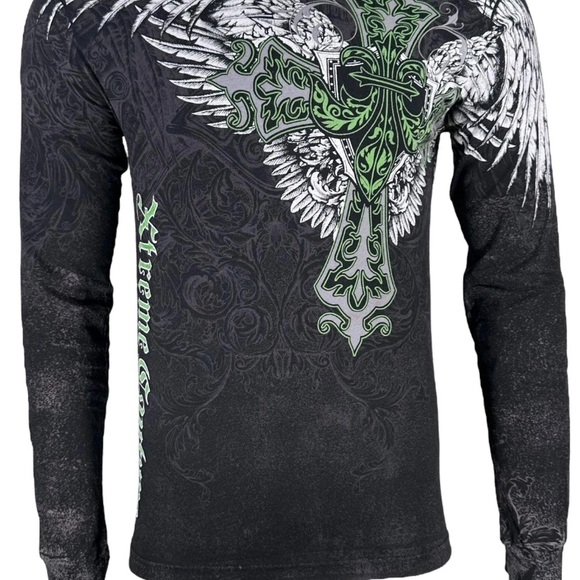 Affliction Black and Green Cross Graphic Long Sleeve Tee - Picture 1 of 4